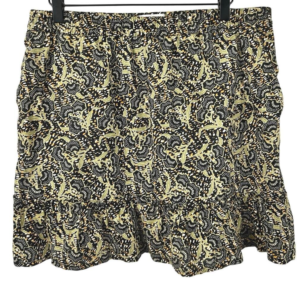 Rachel Zoe 100% Linen Floral Print Ruffle Hem Mini Skirt Black Green Womens L - Picture 1 of 6